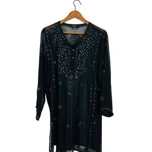 Betty B Sheer Sequin Dress Coverup Long Sleeve V Neck Black OSFA